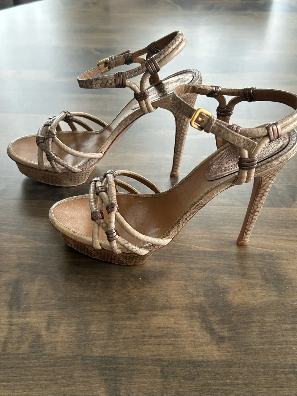 Elie Tahari Beige Braided Ankle-Strap Heels